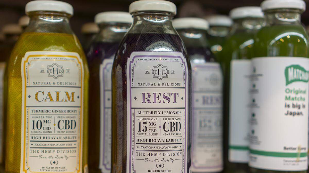 The Hemp Division brand drinks in a store in New York infused with cannabidiol (CBD) , the non-psychoactive component of marijuana, seen on Sunday, April 7, 2019. (Photo by Richard B. Levine)