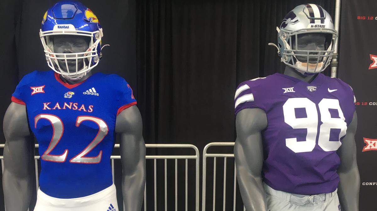 Mannequins modeled the Kansas Jayhawks and Kansas State Wildcats football uniforms at the 2022 Big 12 Media Days in Arlington, Texas.