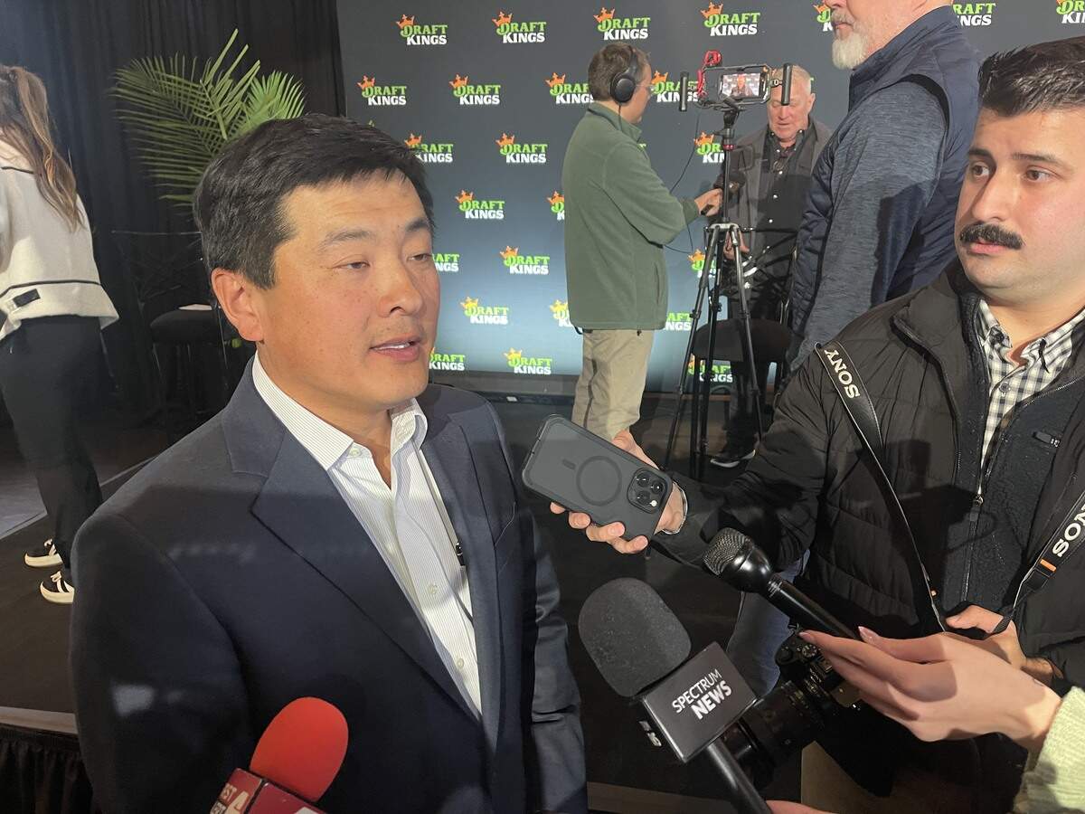 House Speaker Jonathan Patterson, a Lee’s Summit Republican, talks with reporters at a DraftKings event to mark the rollout of Missouri’s legal sports betting industry on Dec. 1, 2025.