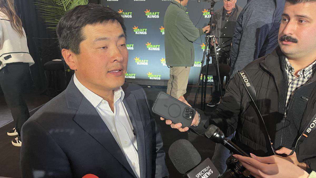 House Speaker Jonathan Patterson, a Lee’s Summit Republican, talks with reporters at a DraftKings event to mark the rollout of Missouri’s legal sports betting industry on Dec. 1, 2025.