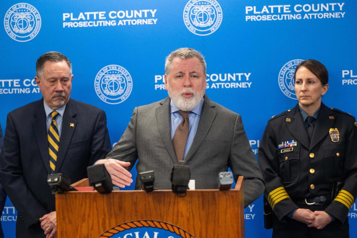 Platte County Prosecuting Attorney Eric Zahnd speaks to the media on Monday, Feb. 3, 2025, following a triple homicide that occurred in the early hours of Sunday, Feb. 2, 2025. Zahnd described the crime as “one of the worst crimes that I have prosecuted in my 22 years of prosecution.”