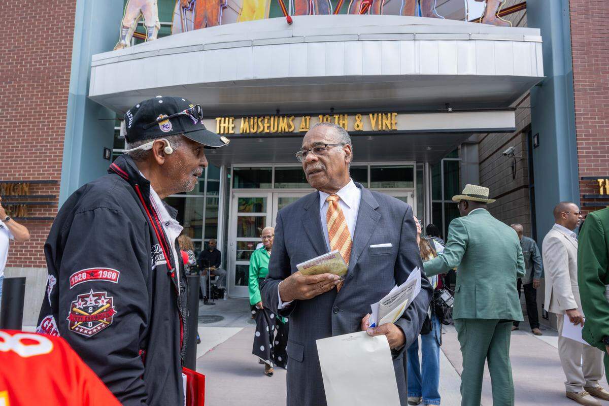 Rep. Emmanuel Cleaver II speaks with a constituent at the re-opening of the pedestrian mall in the 18th & Vine Jazz District on Wednesday, May 27, 2026, in Kansas City.