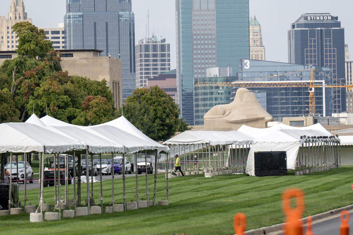 Tents line the grounds outside the National WWI Museum and Memorial on Tuesday, Sept. 30, 2025 in Kansas City, ahead of pop singer Chappell Roan's concert Visions of Damsels and Other Dangerous Things.