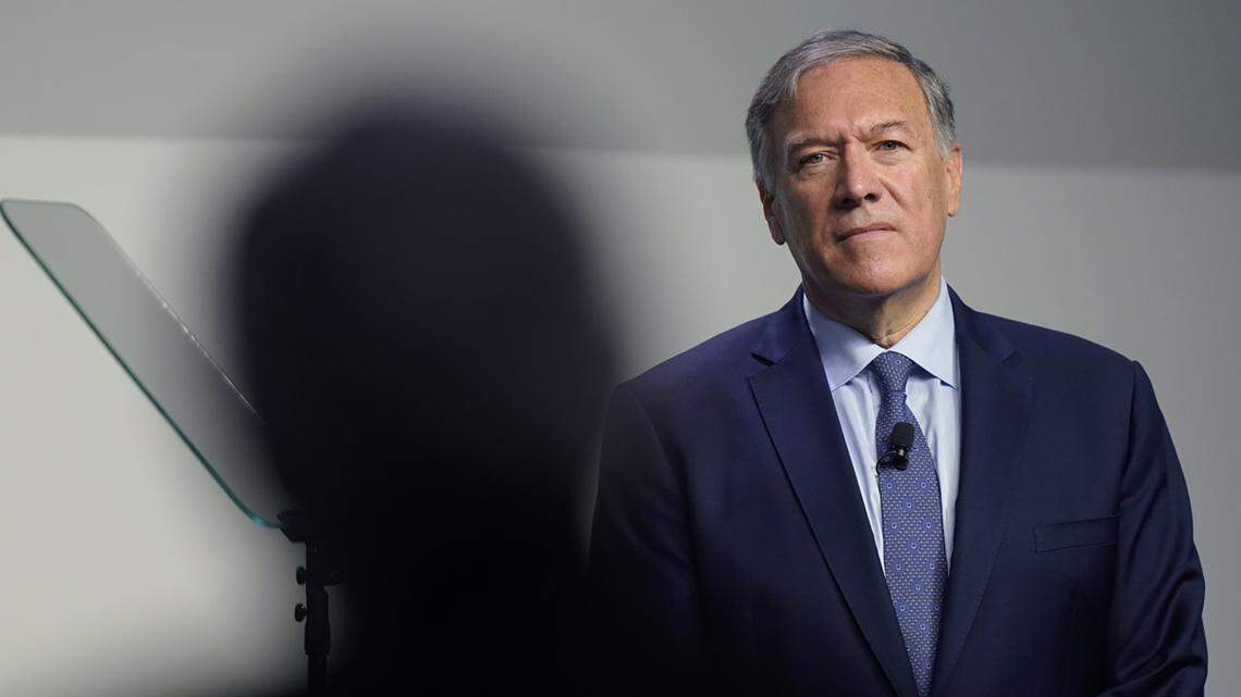 Former Secretary of State Mike Pompeo, a Republican presidential prospect, takes questions from members of an audience Tuesday, Sept. 20, 2022, at a periodic “Politics and Eggs” gathering at Saint Anselm College, in Manchester, N.H. (AP Photo/Steven Senne)