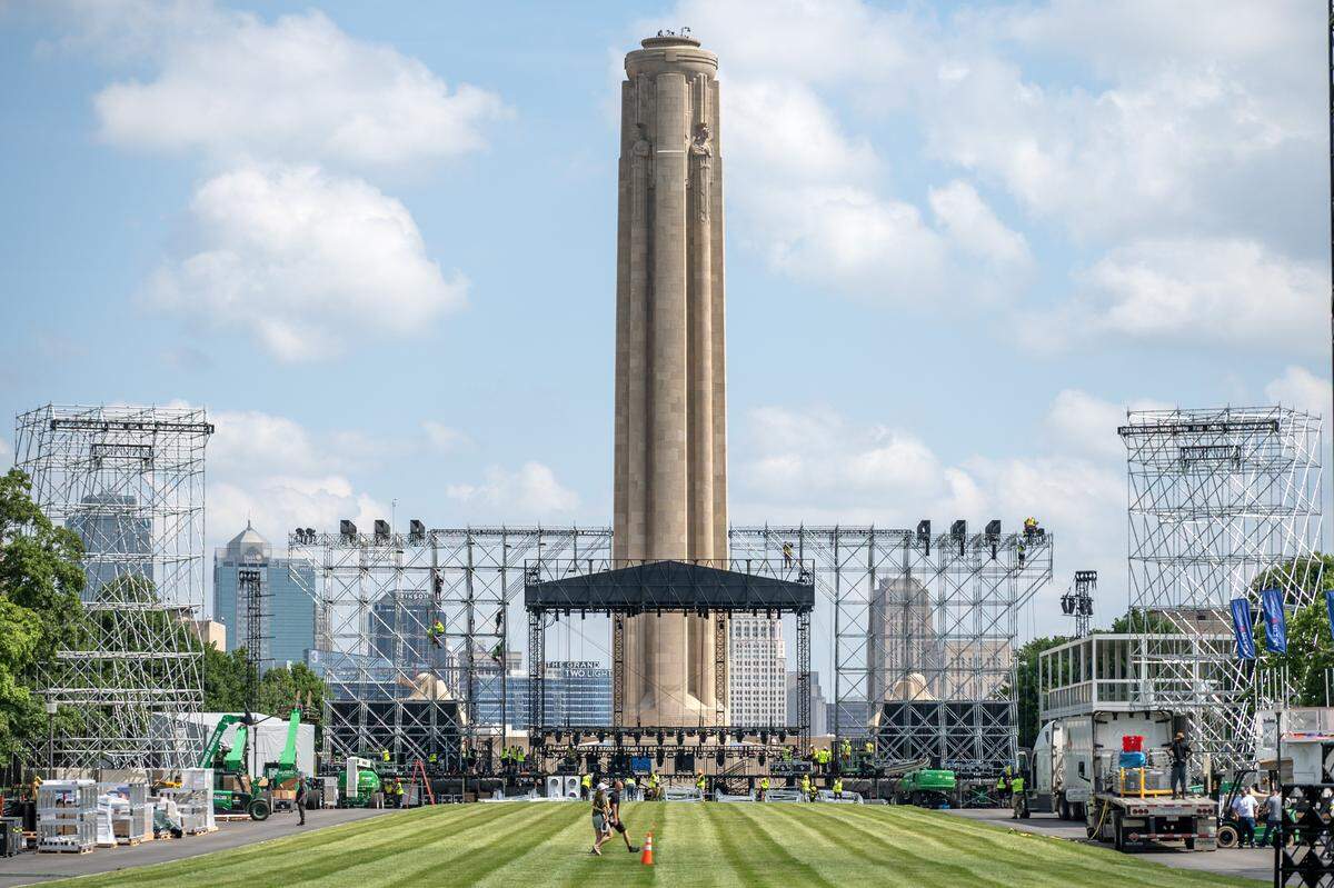 Construction crews prepare the FIFA Fan Festival site during a media walkthrough at the National WWI Museum and Memorial on Wednesday, May 27, 2026, in Kansas City.