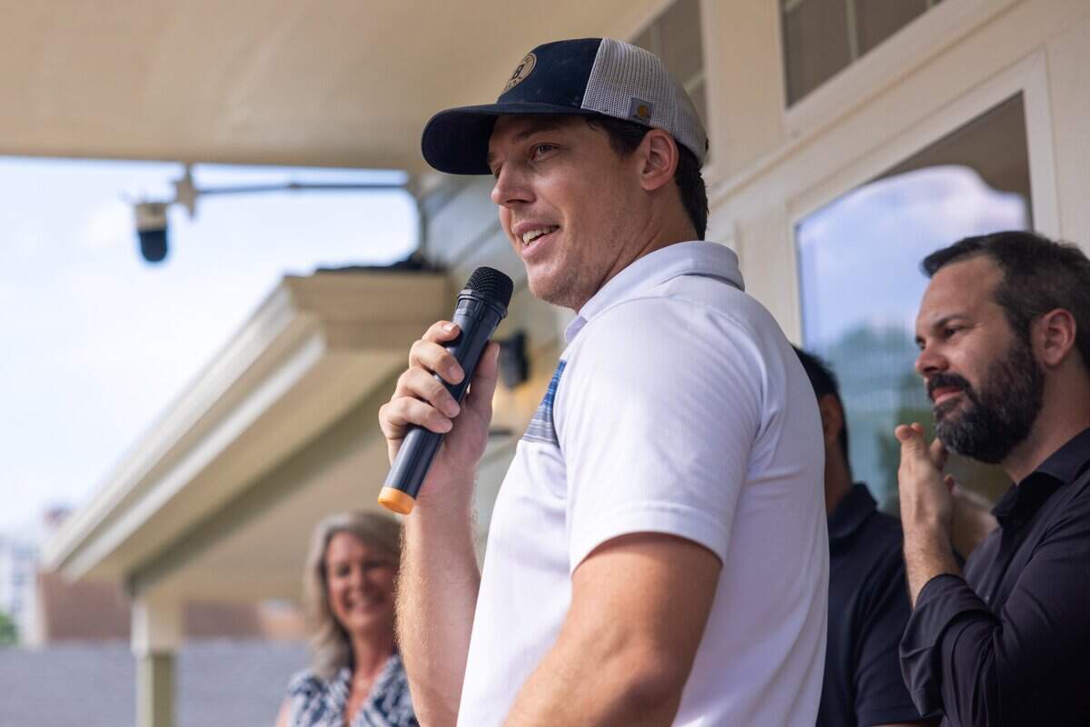 Superintendent of Capital Builders, Drake Winn, shares a few words at reStart's first upStart Duplexes on Drury Avenue on Wednesday, July 8, 2026. This is the nonprofit's first out of many new and affordable housing developments designed to provide permanent housing for individuals and families overcoming homelessness.