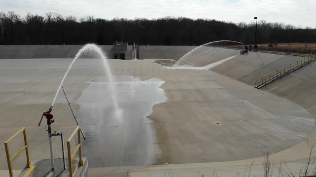 Water cannons are used to clean the basins. 