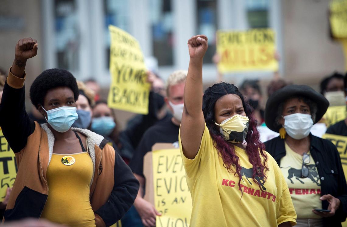 Demanding action from Kansas City leaders to stop evictions during the COVID-19 pandemic and cancel rent, members of KC Tenants and tenants facing eviction rally Thursday, July 30, outside the Jackson County Courthouse in Kansas City.