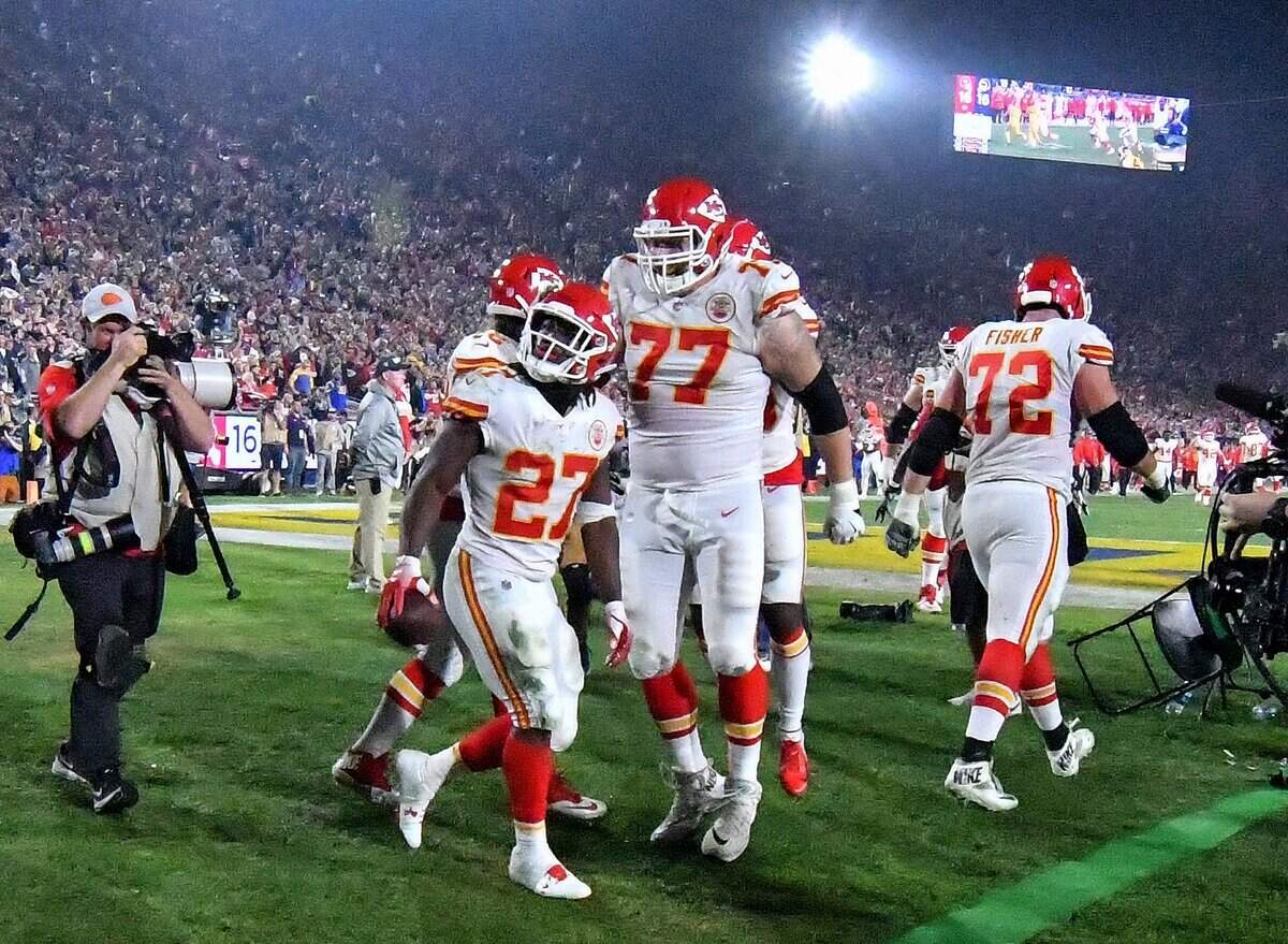 Kansas City Chiefs running back Kareem Hunt had plenty to celebrate after he pulled in a second-quarter pass from quarterback Patrick Mahomes for a touchdown in the second quarter against the Rams in Los Angeles. It was Mahomes’ 33rd touchdown pass of the 2018 regular season.