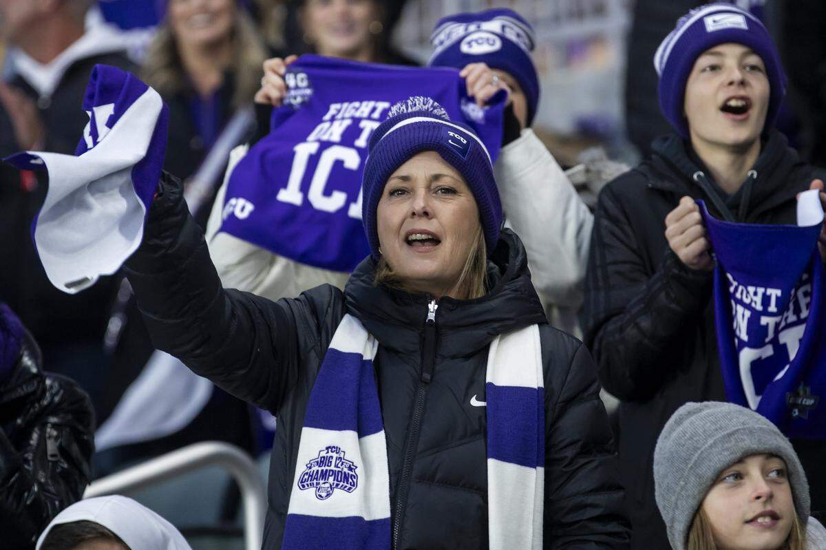 TCU fans cheers as their team enters the pitch during the 2025 Division I Women's Soccer Semi-Final match between the TCU Horned Frogs and the Florida State Seminoles on Friday December 5, 2025 at CPKC Stadium in Kansas City, Missouri.