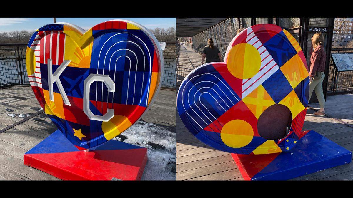 Before and after photos show the damage to one of the Parade of Hearts installations.