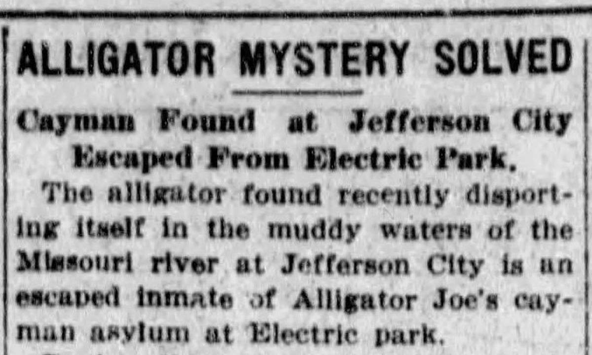An escaped alligator from Electric Park is found, a headline from September 2, 1915, declares.