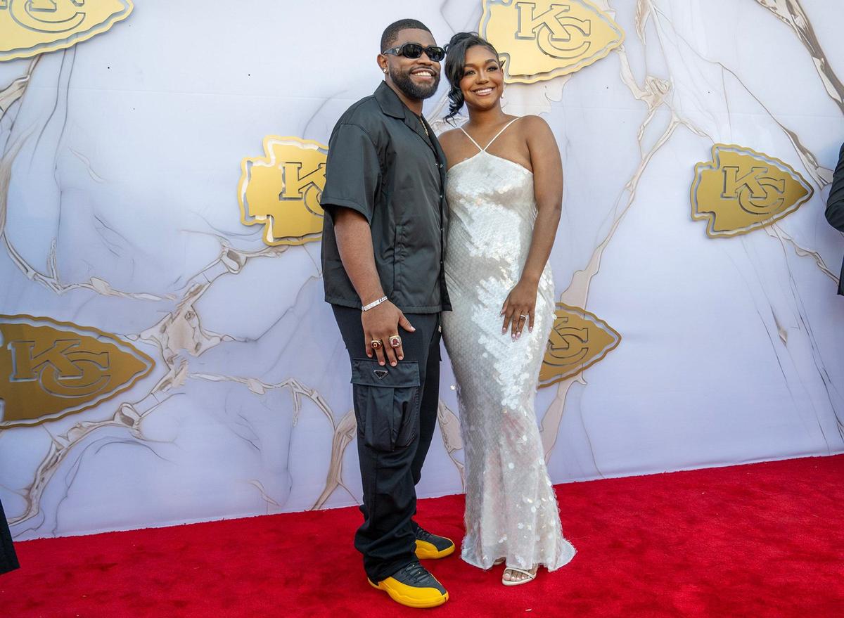 Chiefs running back Clyde Edwards-Helaire and a date on the red carpet before the Super Bowl LVIII championship ring presentation event.