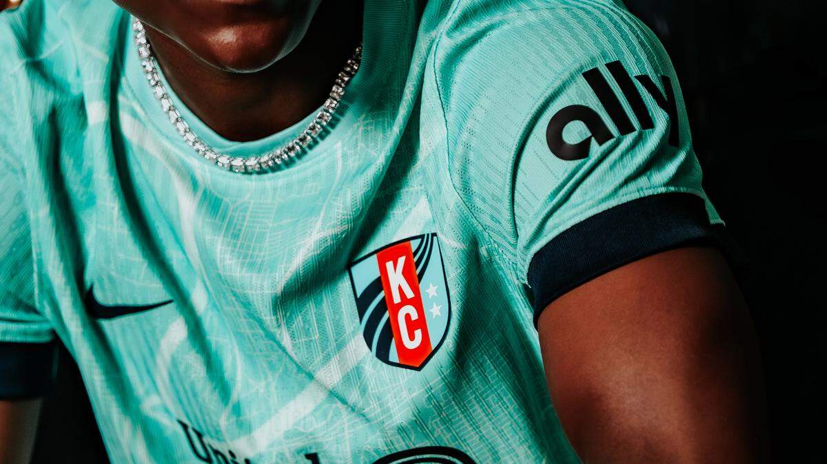 A close-up look at the Kansas City Current’s new teal jerseys, a fresh look for the 2025 NWSL season.