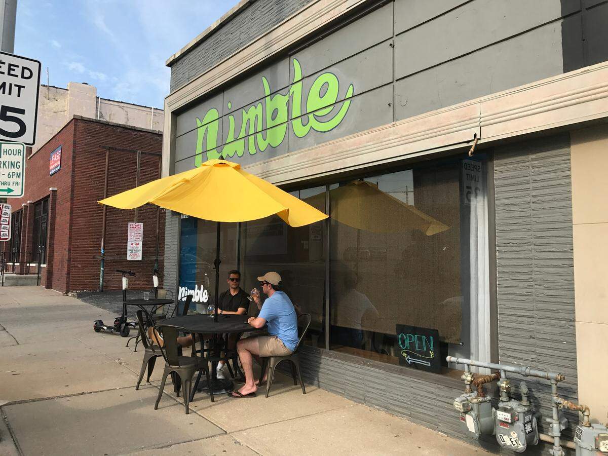 The new Nimble Brewing in the East Crossroads has outdoor seating in front and back.