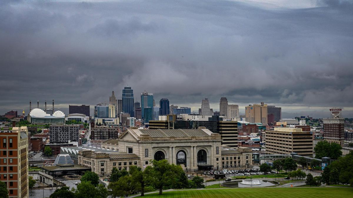 Clouds surround the skyline as storms moved through the Kansas City area in this July 2021 file photo.