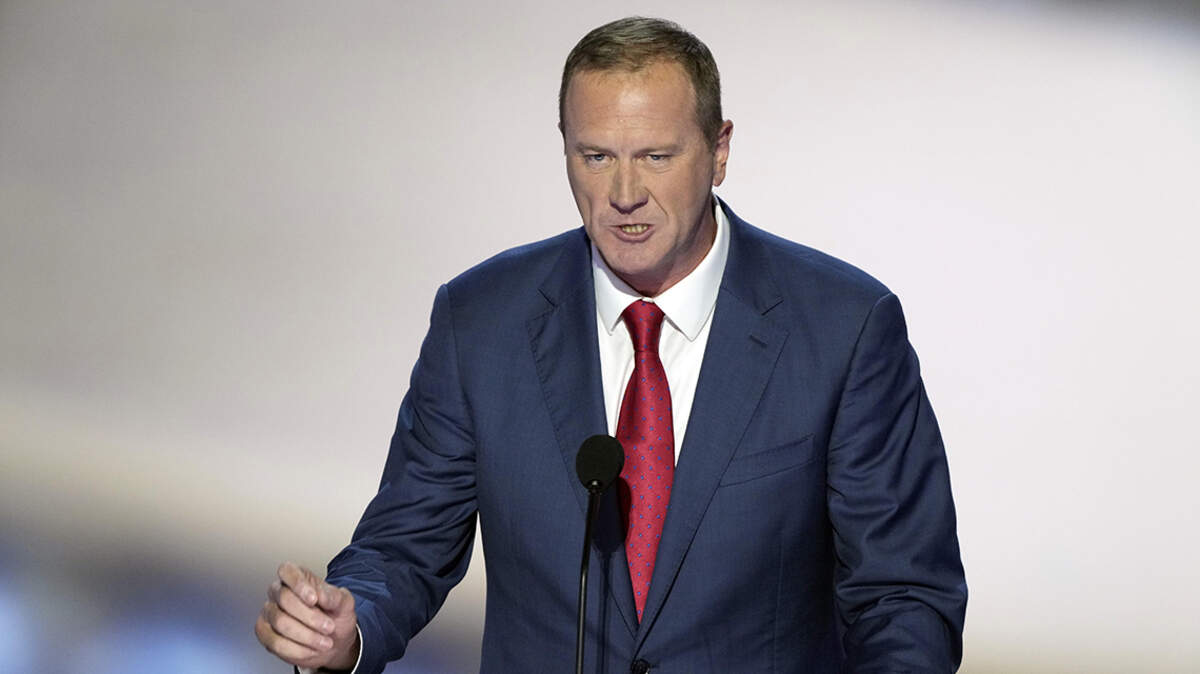 Jul 16, 2024; Milwaukee, WI, USA; Sen. Eric Schmitt, R-Mo., delivers remarks during the second day of the Republican National Convention at the Fiserv Forum. The second day of the RNC focused on crime and border policies. Mandatory Credit: Jasper Colt-USA TODAY