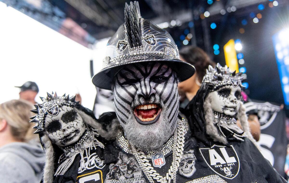 Steve “Hollywood Raider” Pillon celebrates after Las Vegas picked Notre Dame tight end Michael Mayer during the second round of the NFL Draft outside of Union Station on Friday, April 28, 2023, in Kansas City.