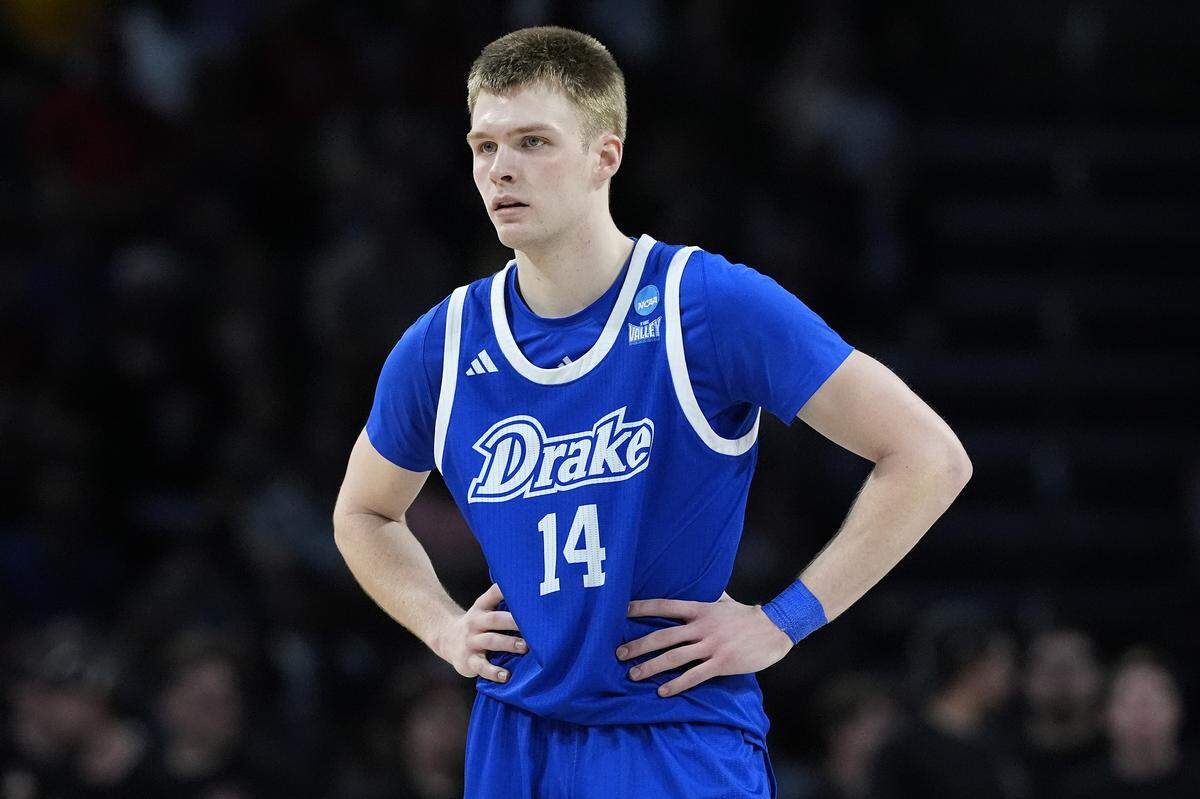 Bennett Stirtz #14 of the Drake Bulldogs looks on during the second half against the Texas Tech Red Raiders in the second round of the NCAA Men's Basketball Tournament at INTRUST Arena on March 22, 2025 in Wichita.