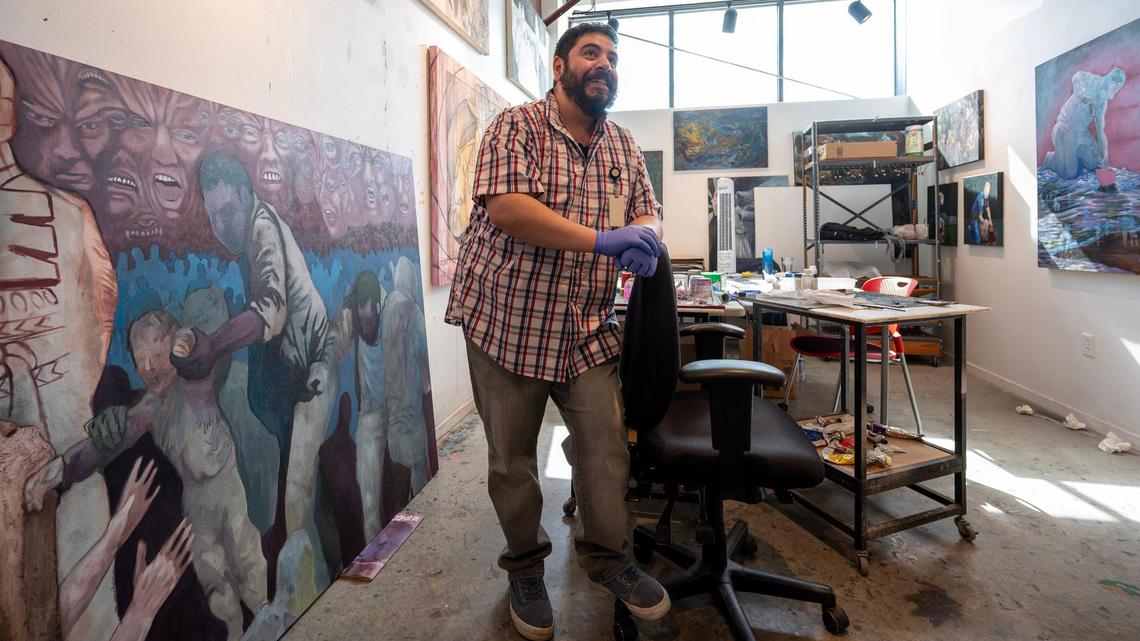 Artist Juan Diego Gaucin, a second-year resident, is seen inside his studio at Charlotte Street Foundation on Wednesday. Charlotte Street Foundation lost a $25,000 grant from the National Endowment for the Arts.