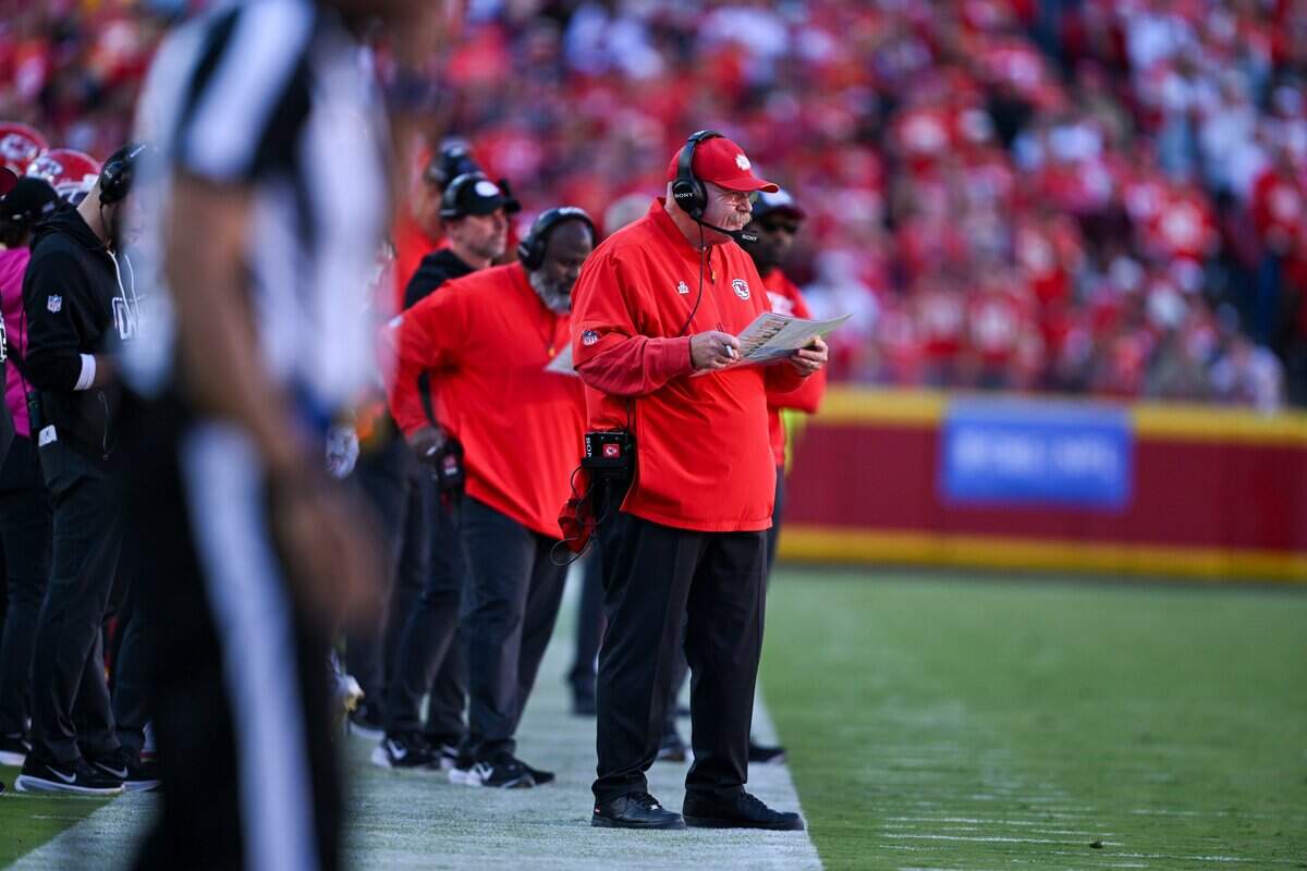 Coach Andy Reid watches on the sideline of the Kansas City Chiefs vs. Los Angeles Chargers NFL regular season game at Arrowhead Stadium in Kansas City on Oct. 18, 2026.