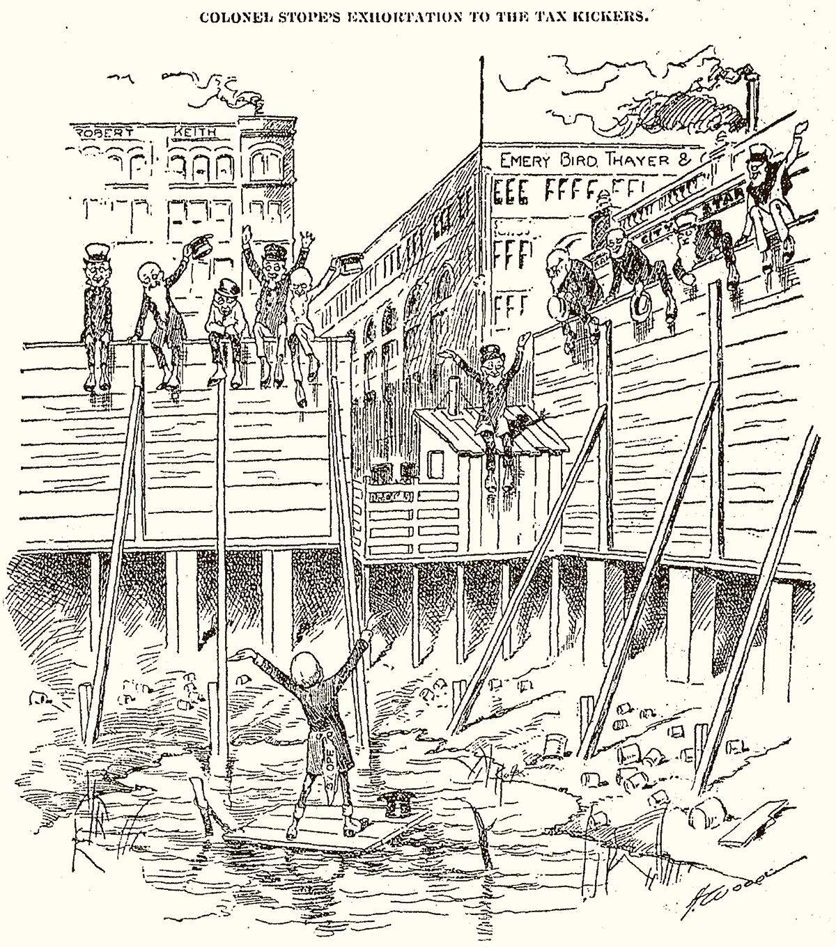 A character representing Thomas H. Swope riles up a crowd of anti-tax parks opponents.