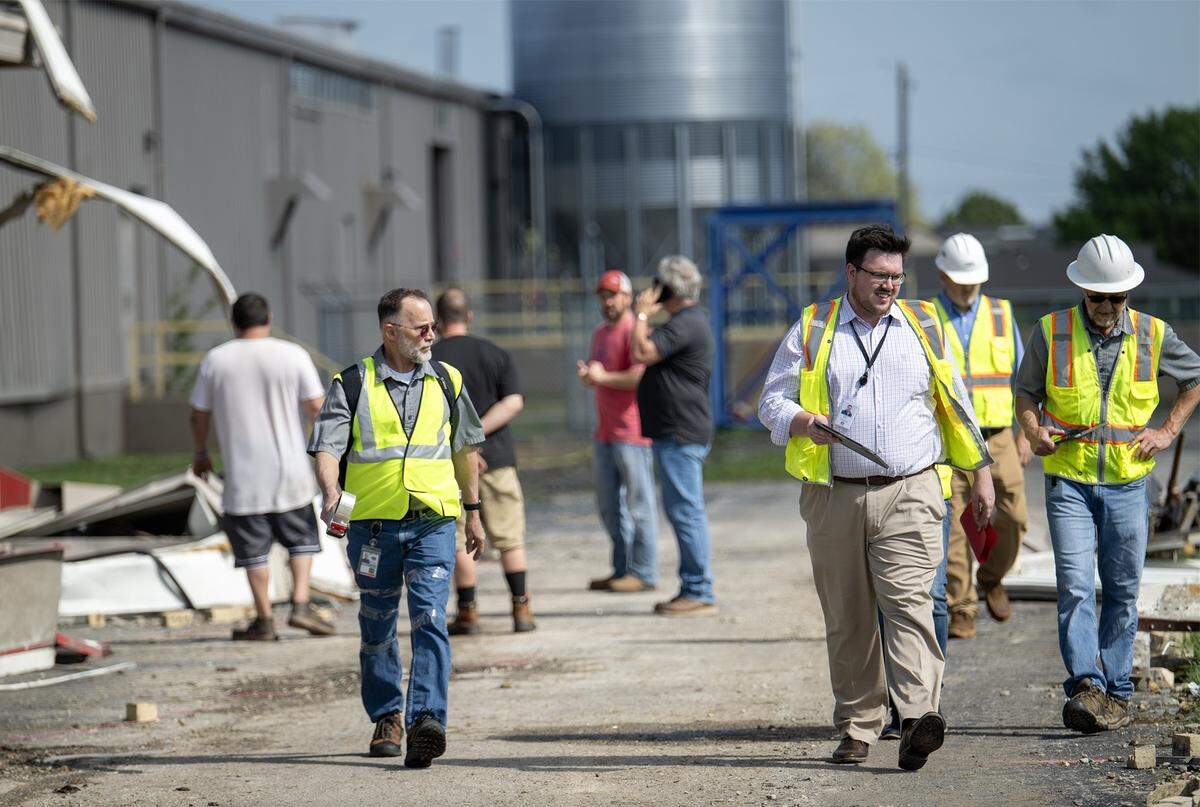 City officials were on site inspecting the TruComp Pipe manufacturing plant in Ottawa, Kansas, on Tuesday, April 14, 2026. A tornado struck the facility at 221 W. 17th St. Monday night causing damage so severe that city officials have deemed the building unsafe.