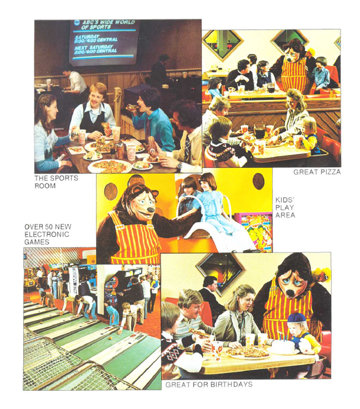 Located in Kansas City at the Antioch Center, the first ShowBiz Pizza location served pizza, salad and beer, as shown in an 1980 flyer for prospective franchisees.