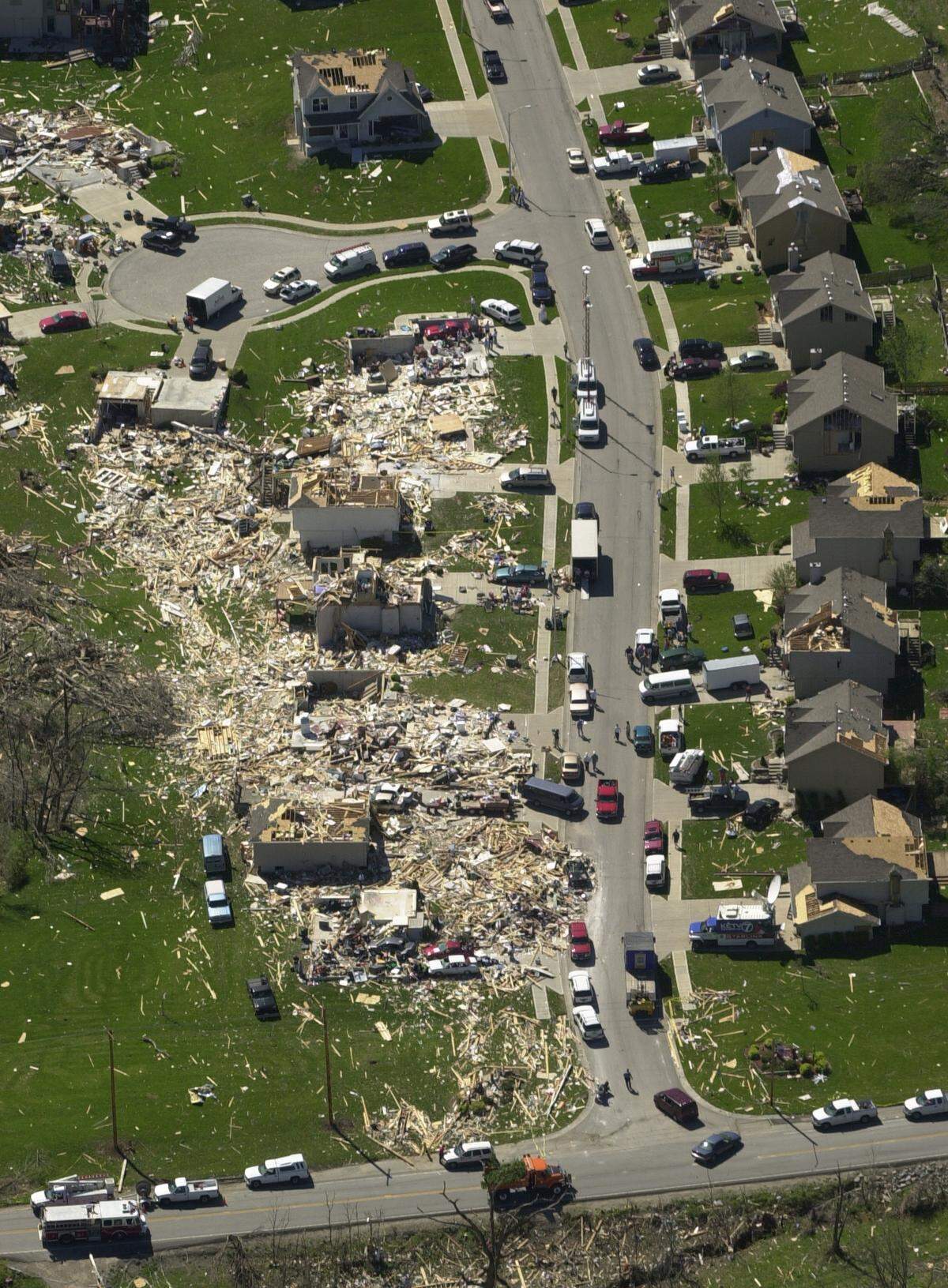 A neighborhood near 65th Street and North Brighton Avenue in Gladstone was hard hit by Sunday’s tornado on May 4, 2003.