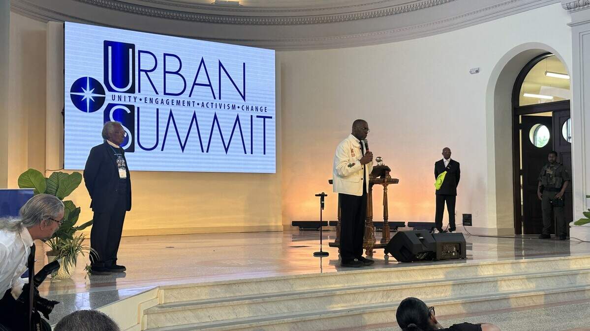 National civil rights activist the Rev. Jamal-Harrison Bryant speaks at Kansas City’s Urban Summit on June 6, 2026.
