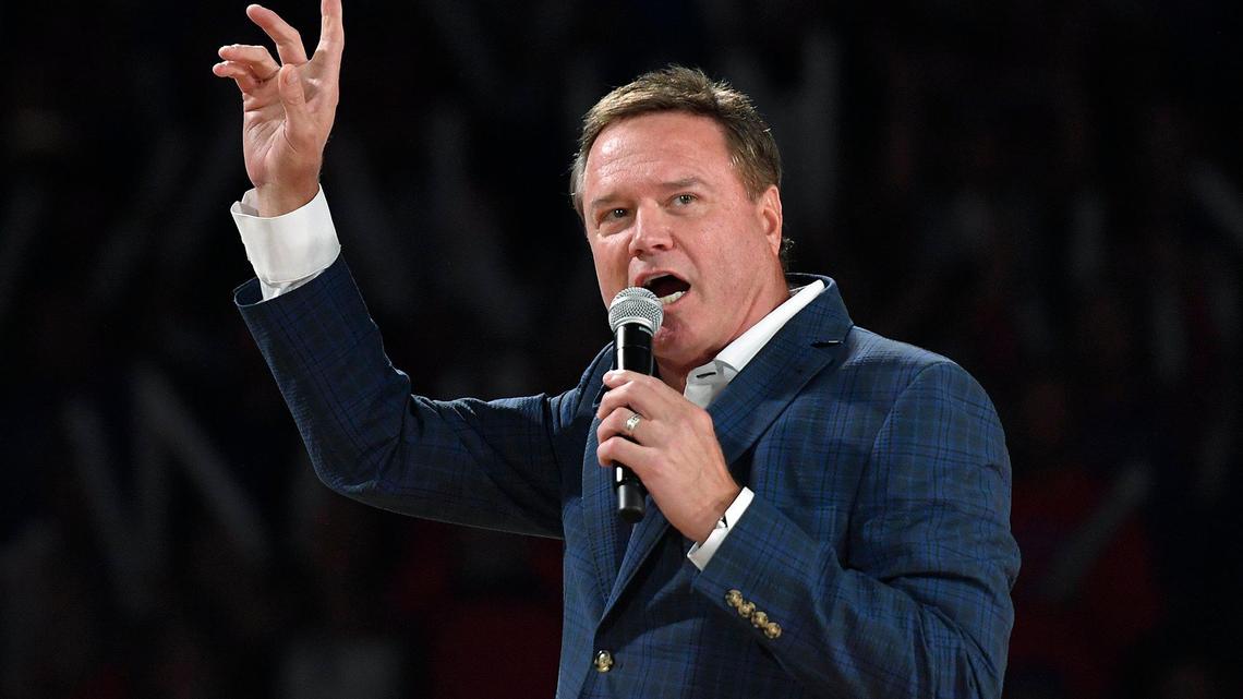 Bill Self addressed the crowd as part of KU Late Night in the Phog at Allen Fieldhouse.
