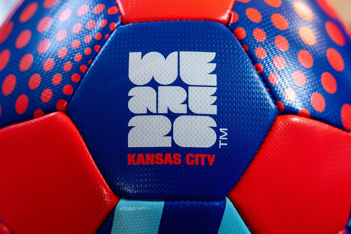 A soccer ball featuring the FIFA World Cup Kansas City logo is displayed at the One Year To Go press conference for the FIFA World Cup at Union Station on Wednesday, June 11, 2025, in Kansas City.