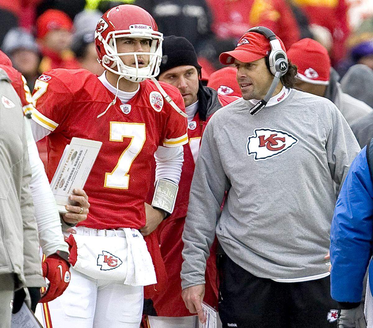 Todd Haley served as head coach of the Kansas City Chiefs from 2009 to 2011, leading the team to an AFC West title in 2010 but finishing with an overall record of 21–27. He was dismissed on December 12, 2011, during a 5–8 season, less than a year after the team’s first division title since 2003. Haley is seen here with quarterback Matt Cassel in 2011.