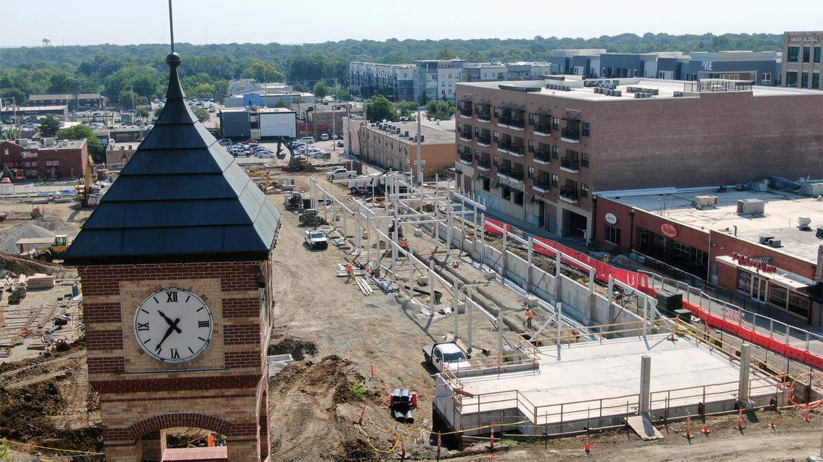 Construction work continues on a new pavilion for the new Farmers’ Market and Downtown Gathering Space Improvement project on Friday, Aug. 15, 2025, in downtown Overland Park. The $34 million project includes a space for watch parties, concerts and other community events, is slated for completion in the summer of 2026.
