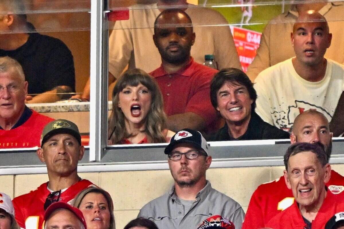 Taylor Swift and Tom Cruise at the Kansas City Chiefs vs. Denver Broncos NFL season opener at Arrowhead Stadium in Kansas City on Sept. 14, 2026.