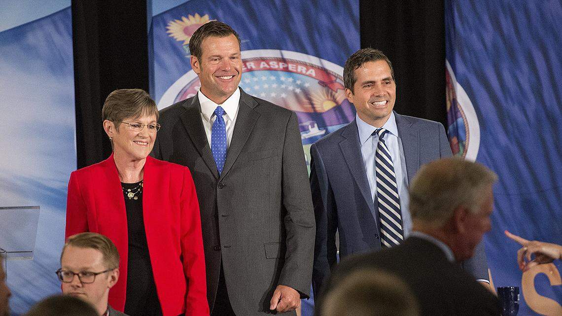 Kansas gubernatorial candidates Democrat Laura Kelly, Republican Kris Kobach and independent Greg Orman