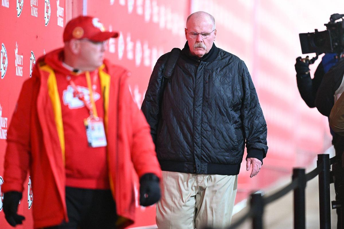 Kansas City Chiefs head coach Andy Reid arrives before the AFC Divisional Round playoff game on Saturday, Jan. 18, 2025, at GEHA Field at Arrowhead Stadium.