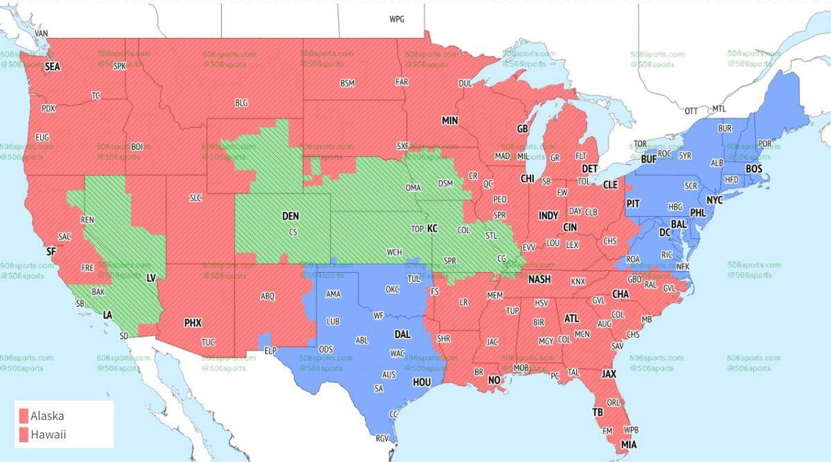 The Chiefs-Chargers game will be seen in the areas in green. The Packers-Bears game is in red and Eagles-Giants is in blue.