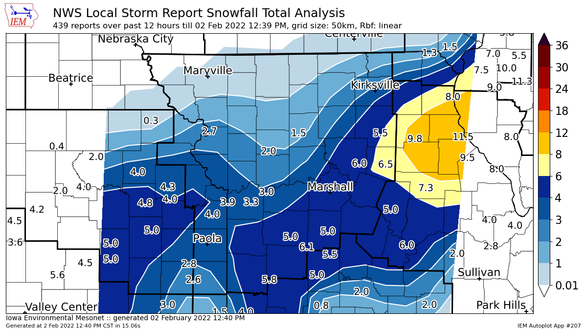 Between 3 and 4 inches of snow fell across the Kansas City area, according to snow total reports submitted to the National Weather Service. The brunt of the snowstorm passed to Kansas City’s southeast into central Missouri.