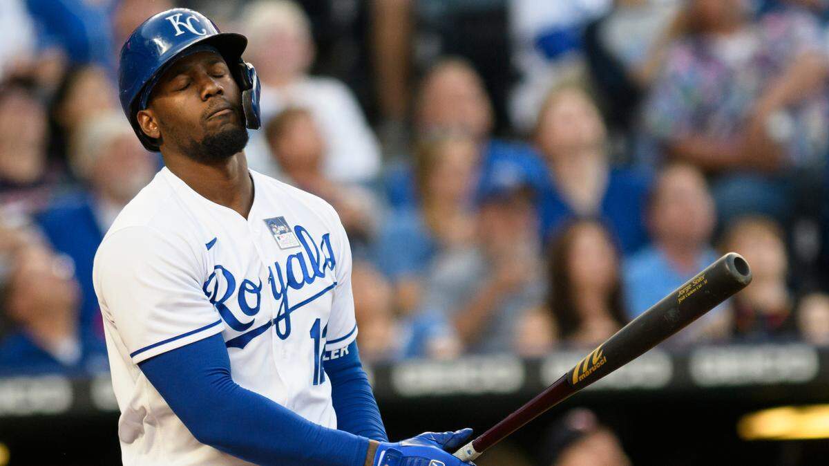 Kansas City Royals’ Jorge Soler flies out against the Minnesota Twins during the third inning of a baseball game Thursday, June 3, 2021, in Kansas City, Mo. (AP Photo/Reed Hoffmann)