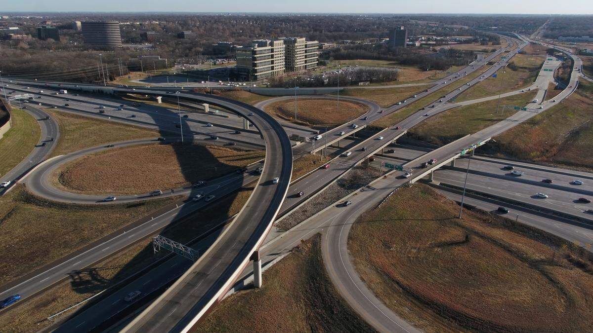 This aerial photo, taken from the northwest and looking southeast, shows the highway interchange at I-435 and U.S. 69 in Overland Park.