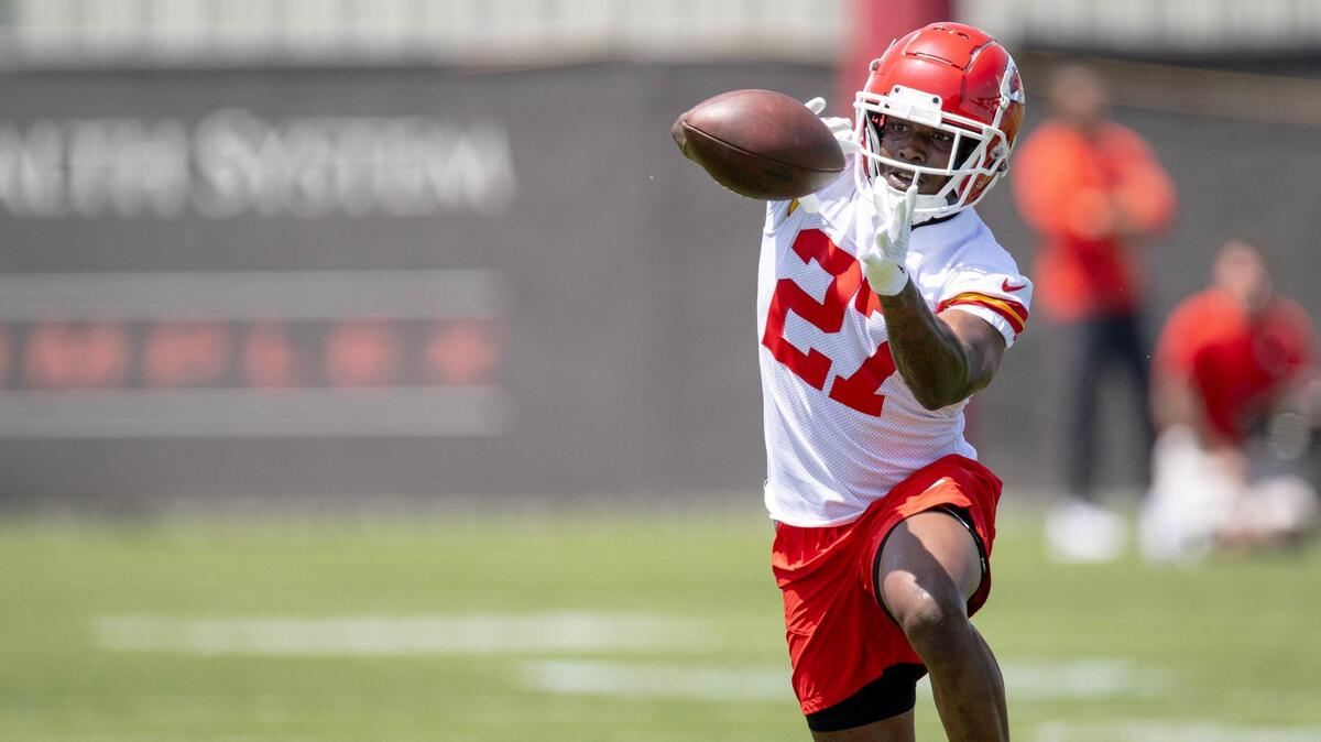 Kansas City Chiefs defensive back Chamarri Conner (27) runs a drill during a Chiefs rookie minicamp practice on Saturday, May 6, 2023, in Kansas City. Conner, who played college football at Virginia Tech, was selected in the fourth round of this year’s draft.