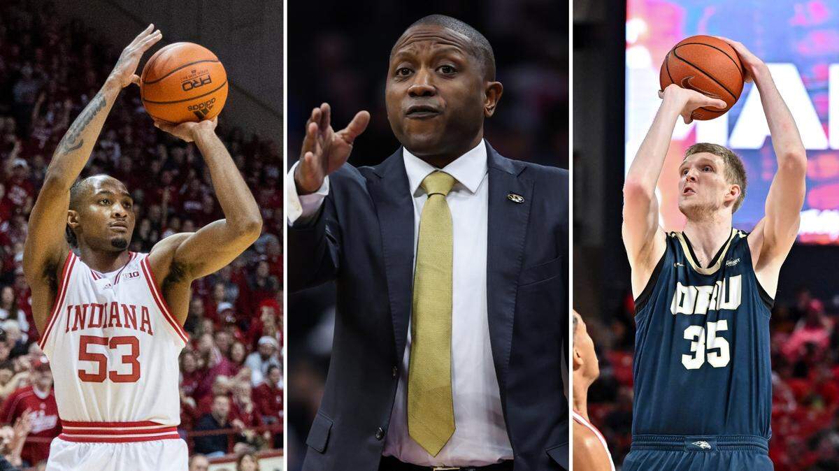 Missouri Tigers men’s hoops coach Dennis Gates, center, is assembling a 2023-24 roster that includes newcomers Tamar Bates, left, and Connor Vanover, right.
