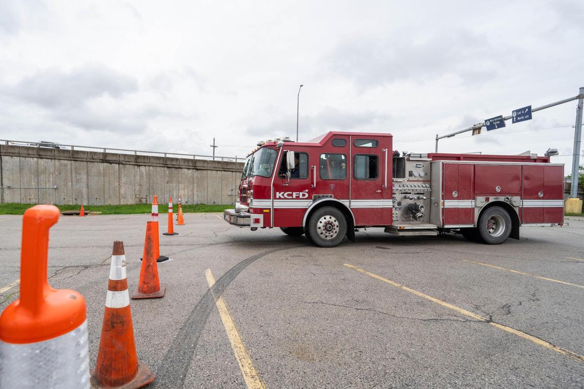The Kansas City Fire Department held a public training event to showcase their new driver training program in Kansas City on Thursday, May 29, 2025. Drivers maneuvered through cones mimicking streets and cul-de-sacs.