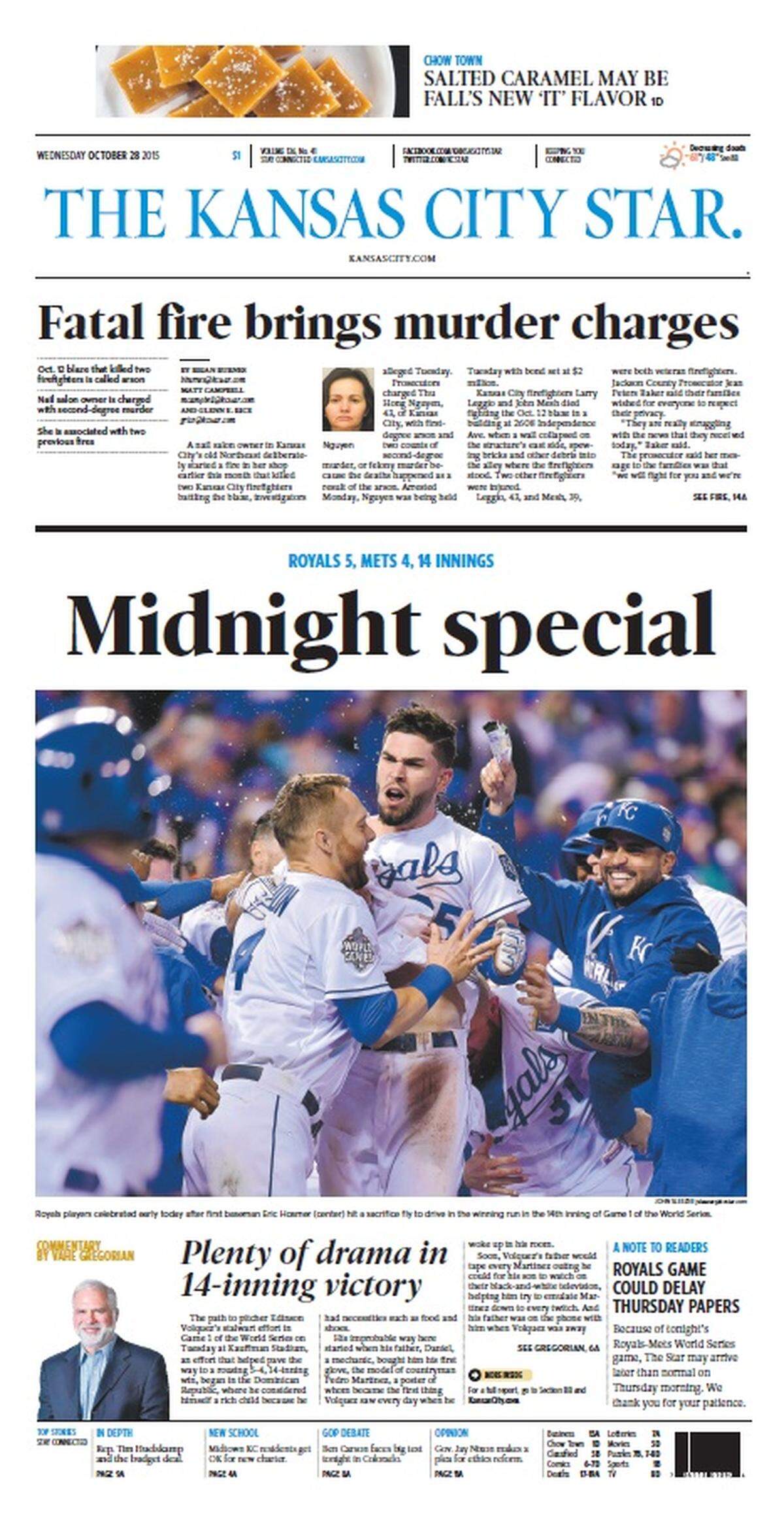 The front page of The Kansas City Star the day after the Royals beat the Mets in Game 1 of the World Series on Oct. 27, 2015.