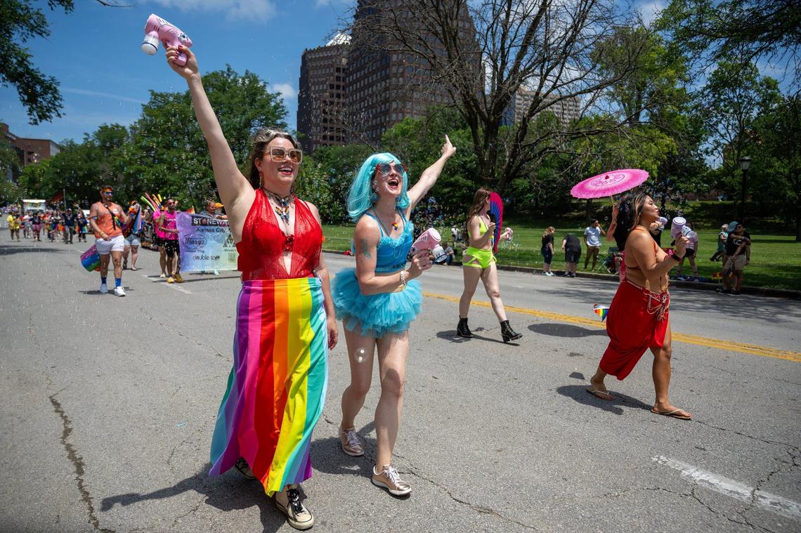 Jenny Pierce of Lawrence and Chelsea Anglemyer of Kansas City, walked with the Kansas City Burlesque group during the KC Pride Parade.