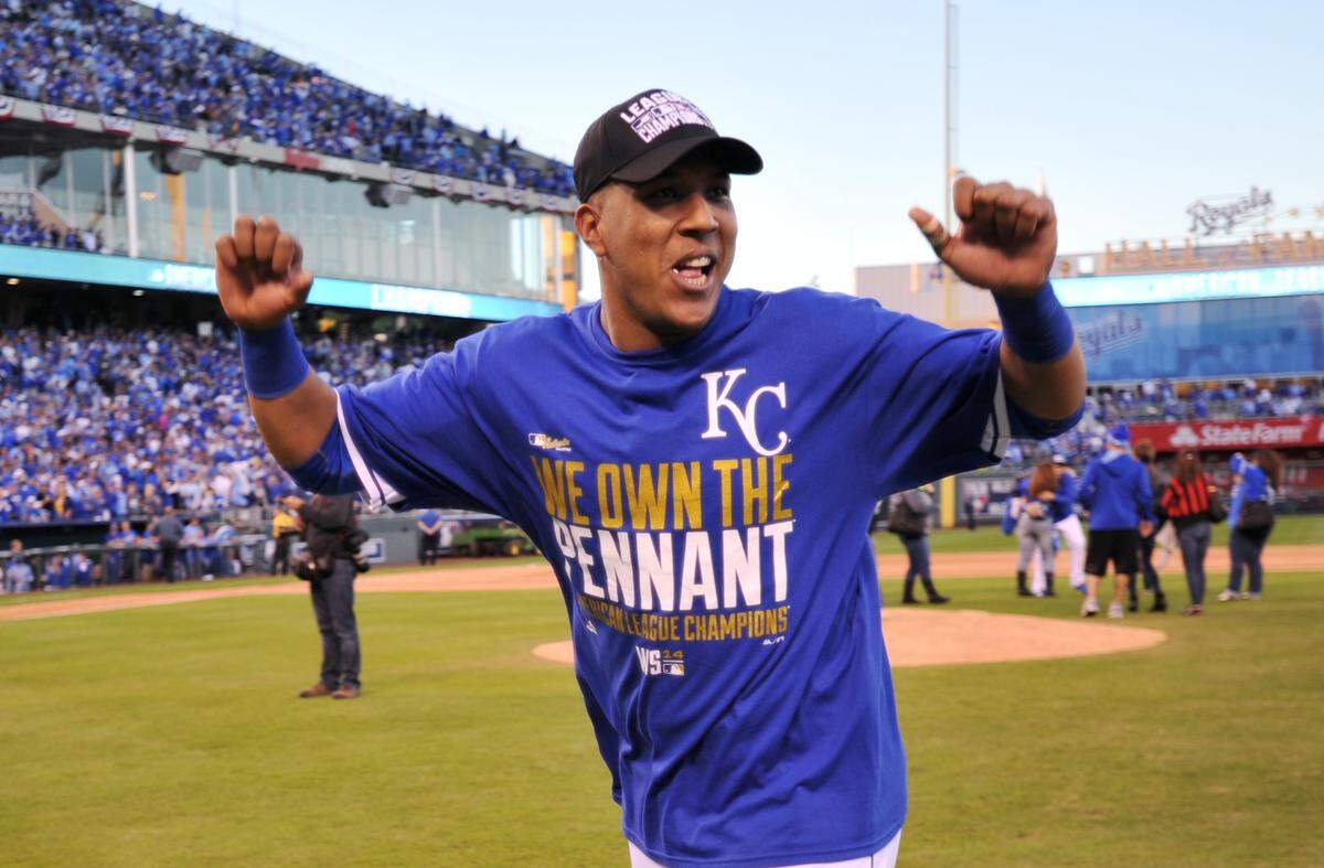 Kansas City Royals catcher Salvador Perez celebrates as he runs off the field after Game 4 of the 2014 ALCS against the Baltimore Orioles at Kauffman Stadium on Oct. 15, 2014. The Royals swept the Orioles to advance to the World Series.