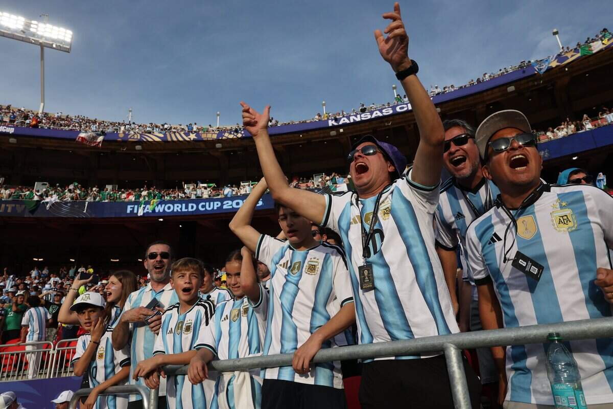 Argentina fans make some noise ahead of the Argentina vs. Algeria FIFA World Cup group-stage soccer match at Kansas City (Arrowhead) Stadium in Kansas City on Tuesday, June 16, 2026.