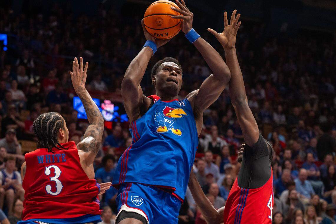 Kansas Jayhawks center Paul Mbiya goes up for a shot during the men's scrimmage at Late Night in the Phog, on Friday, October 17, 2025, in Lawrence.