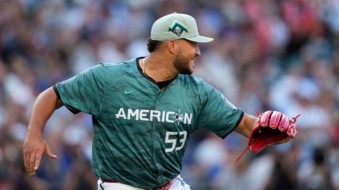 American League pitcher Carlos Estevez of the Los Angeles Angels reacts during the fifth inning against the National League at T-Mobile Park on July 11, 2023, in Seattle.